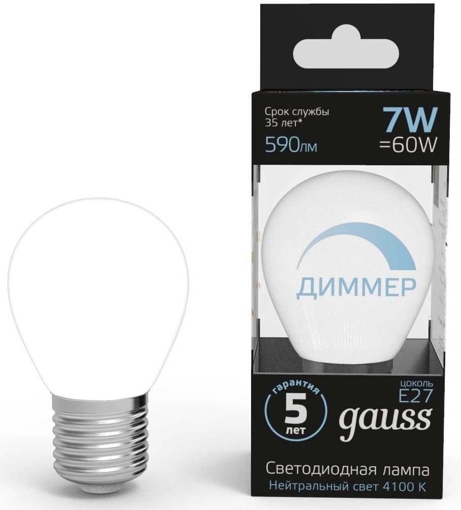 Лампа светодиодная Gauss 7Вт цок.:E27 шар 220B 4100K св.свеч.бел.нейт. (упак.:1шт) (105102207-D)