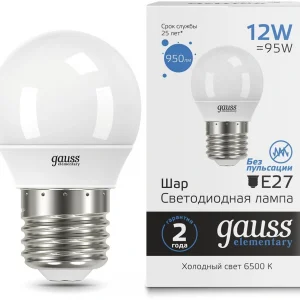 Лампа светодиодная Gauss Elementary 53232 12Вт цок.:E27 шар 220B 6500K св.свеч.бел.хол. (упак.:10шт)