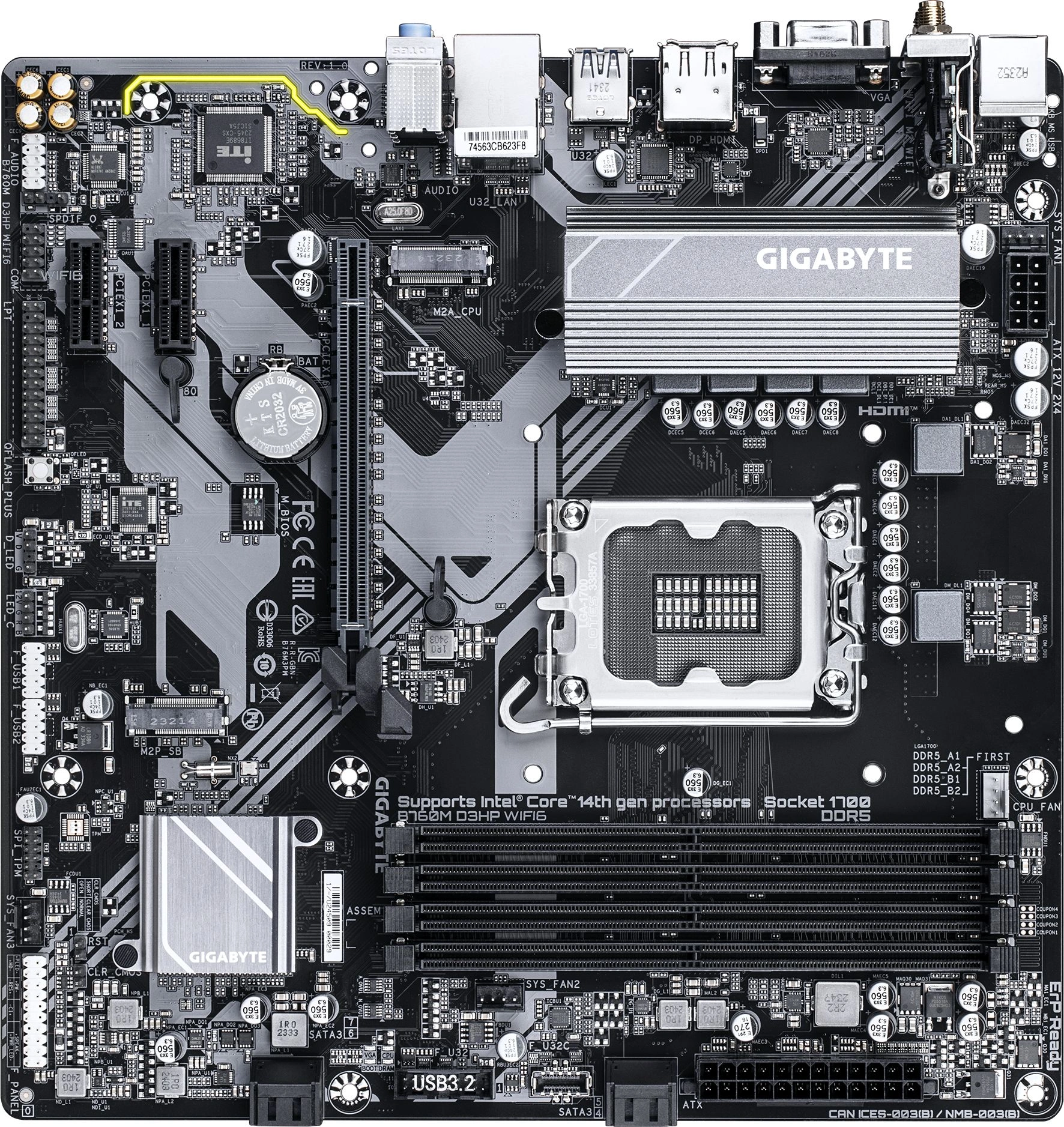 GIGABYTEB760M D3HP WIFI6, LGA1700, B760, 4*DDR5, 4*SATA, 2*M.2, 3*USB 3.2, 2*USB 2.0, 1*PCIx16, 2*PCIx1, D-Sub+HDMI+DP, mATX