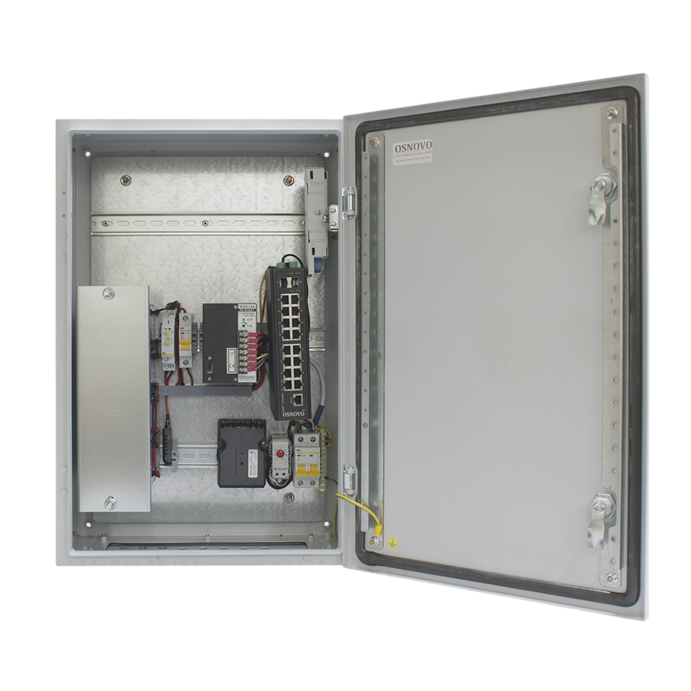 Коммутатор / OSNOVO OS-46TB1(SW-81602/ILS(port 90W)) / Коммутатор/ OSNOVO Уличный управляемый (L2+) коммутатор на 18 портов с термостабилизацией, резервным питанием и функцией мониторинга температуры/влажности/напряжения на базе уличной станции OSNOVO OS-46TB1. Порты 2 x GE (10/100/1000Base-T) с PoE BT (до 90W) + 14 x GE (10/100/1000Base-T) с PoE (до 30W) + 2 x GE SFP (1000Base-X). Соответствует стандартам PoE IEEE 802.3af/at/bt. Суммарный бюджет PoE до 360W. Металлический шкаф (ШxВxГ) 400х600х210мм, питание AC195-265V. АКБ 48В(7Ач)), оптический к