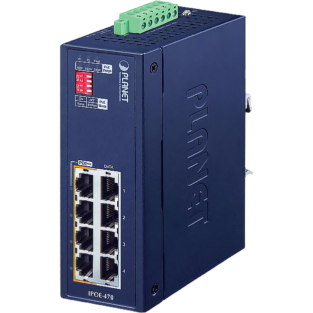 Инжектор / PLANET IPOE-470 / Инжектор/ PLANET IPOE-470 IP30 Industrial 4-port 10/100/1000T 95W 802.3bt PoE++ Injector Hub (240 Watts PoE budget, PoE Usage LED, BTPoH/Force DIP switch, -40~75 degrees C, dual 48V~54V DC)
