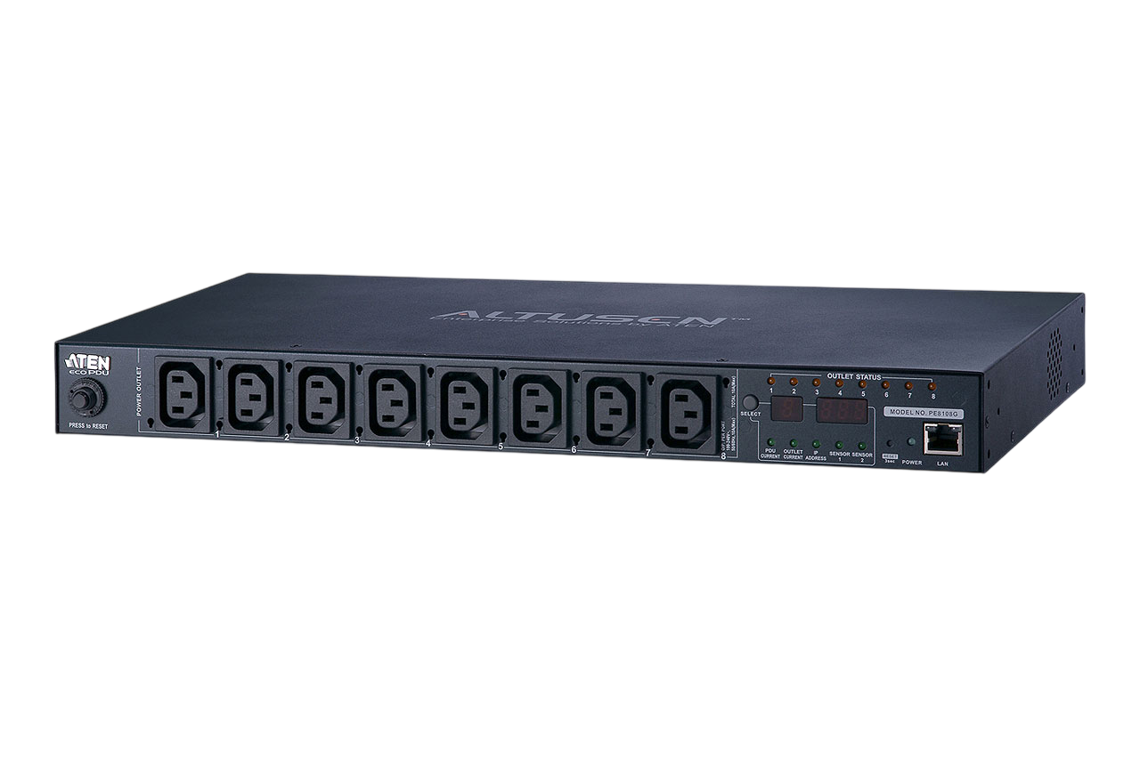 Устройство распределения питания, с управлением, 10A, 2.4kW, 8 портов, 1 банк, IP доступ, ввод C14, (8C13 монитор. V / A / кВт / кВтч по портам/устройству вкл/выкл по портам;без шнуров) / ATEN PE8108G, PE8108G-AX-G / Устройство распределения питания, с управлением, 10A, 2.4kW, 8 портов, 1 банк, IP доступ, ввод C14, (8C13 монитор. V / A / кВт / кВтч по портам/устройству вкл/выкл по портам;без шнуров)/ 10A Per outlet Metered, 8 Outlet SW PDU