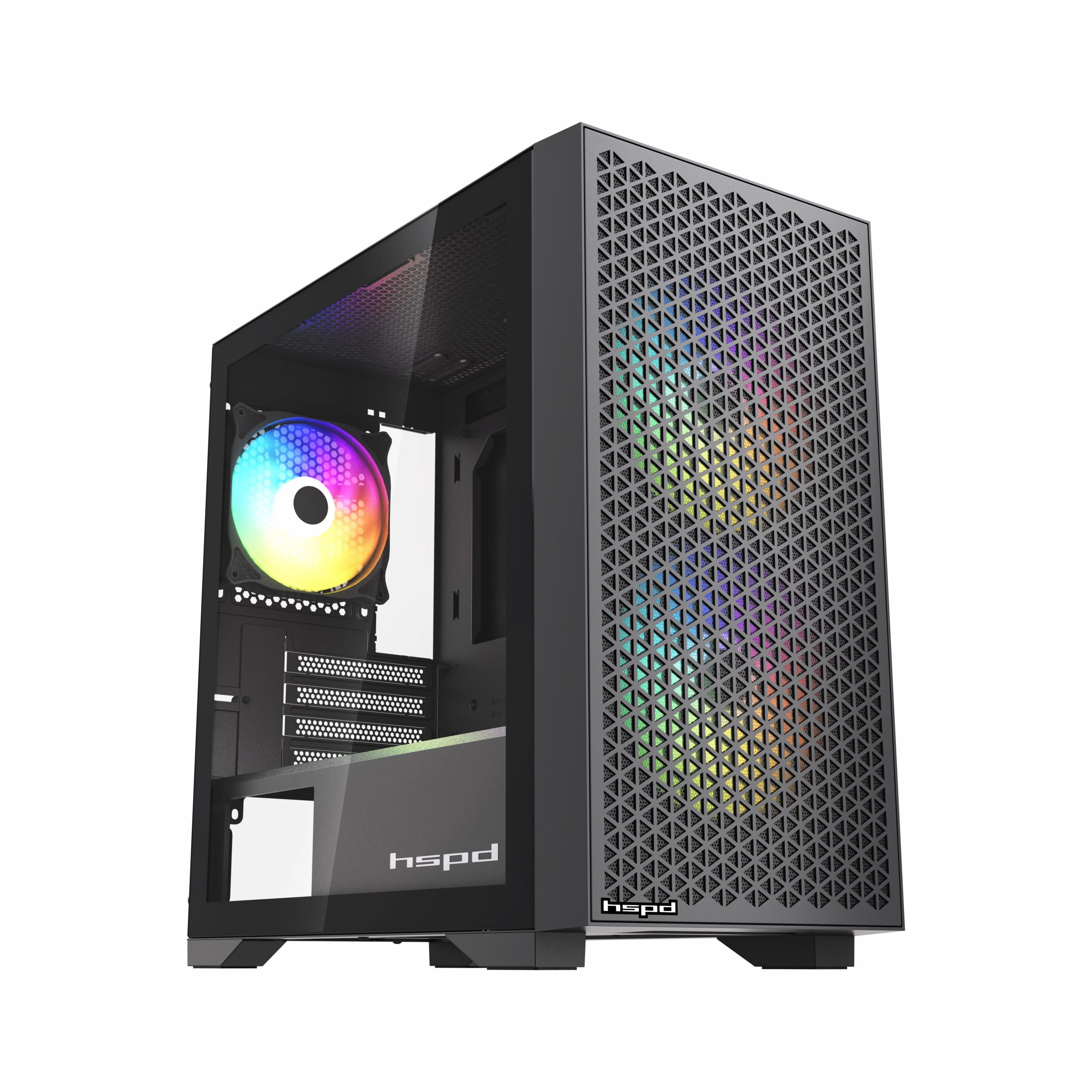 Корпус без блока питания / HSPD M335-TGBK-ARGB / Корпус без блока питания/ Case HSPD M335, Mesh Mini-tower, Black, TG, 0.45 SPCC, 2x140mm ARGB + 1x120mm ARGB mATX, mITX 160/340/184mm 2x2.5", 2x3.5", 4xPCI 1xUSB-A 3.0, 2xUSB-A 2.0 385x200x390mm