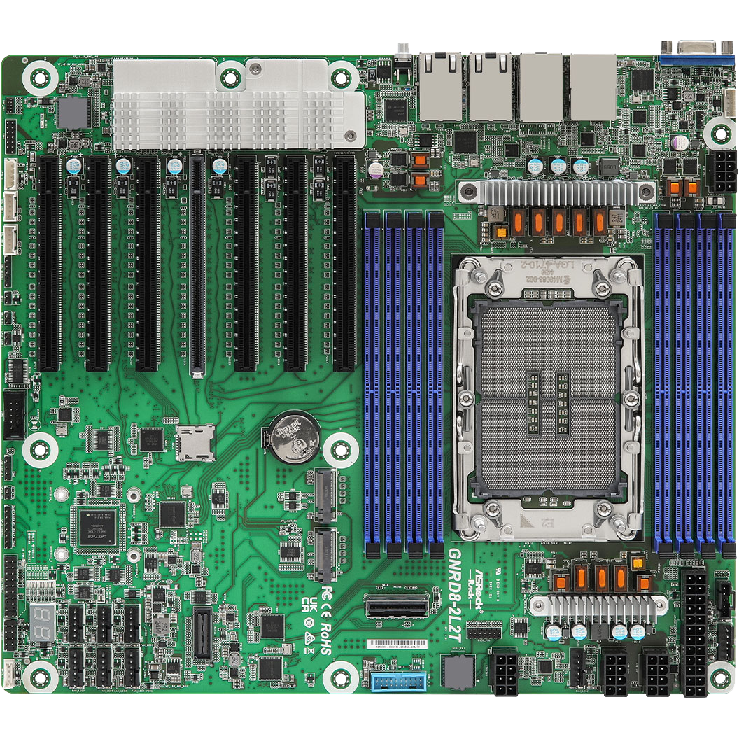 Материнская плата / ASRock GNRD8-2L2T (90-SXGDS0-A0UANF) / Материнская плата/ ASRock GNRD8-2L2T, CEB, 1x LGA 4710 Intel Xeon 6700P-series/ 6500P-series/ 6700E-series, 8x DDR5 RDIMM, MRDIMM, 7x PCIe5.0 / CXL2.0 x16, 1x MCIO (PCIe5.0 / CXL2.0 x8), 2x M.2 (PCIe5.0 x4), 2x RJ45 (10GbE) Intel X710-AT2, 2x RJ45 (1GbE) Intel i210, AST2600