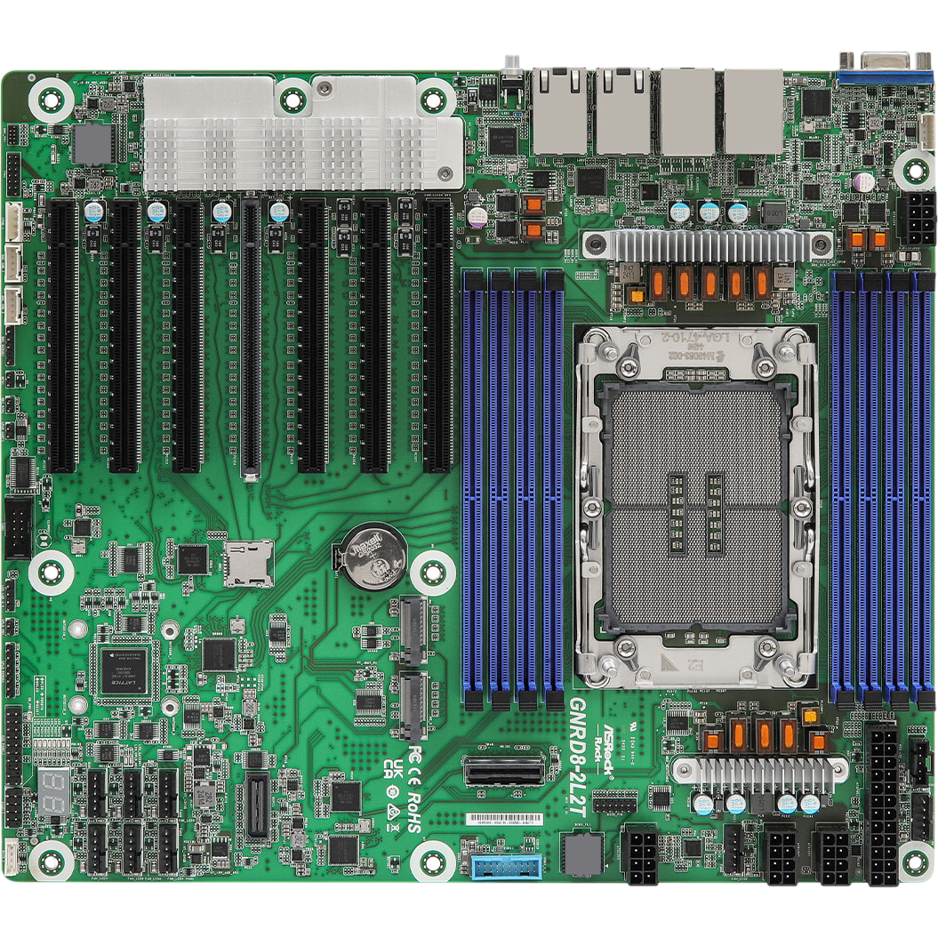 Материнская плата / ASRock 90-SXGDS0-A0UAN1F / Материнская плата/ ASRock GNRD8-2L2T, CEB, 1x LGA 4710 Intel Xeon 6700P-series/ 6500P-series/ 6700E-series, 8x DDR5 RDIMM, MRDIMM, 7x PCIe5.0 / CXL2.0 x16, 1x MCIO (PCIe5.0 / CXL2.0 x8), 2x M.2 (PCIe5.0 x4), 2x RJ45 (10GbE) Intel X710-AT2, 2x RJ45 (1GbE) Intel i210, AST2600