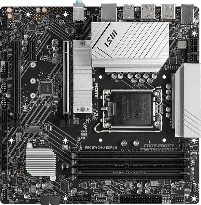 Материнская плата / MSI PRO B760M-A DDR4 II / Материнская плата MSI PRO B760M-A DDR4 II Soc-1700 Intel B760 4xDDR4 mATX AC`97 8ch(7.1) 2.5Gg+HDMI+DP
