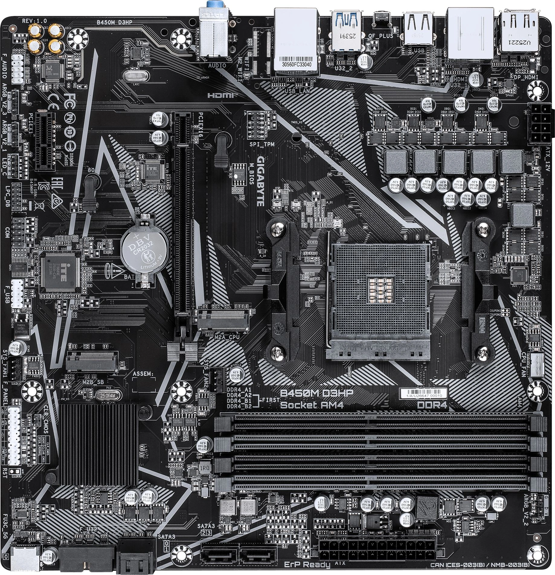 Материнская плата Gigabyte B450M D3HP Soc-AM4 AMD B450 4xDDR4 mATX AC`97 8ch(7.1) GbLAN RAID+HDMI+DP