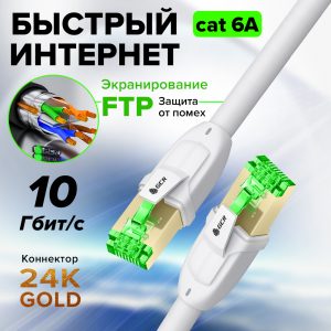 Патч-корд / GCR GCR-55716 / GCR PRO Патч-корд PROF прямой 0.75m, FTP медь кат.6А, белый, экранированный, коннекторы 24K GOLD, Deluxe ethernet high speed 10 Гбит/с, RJ45, T568