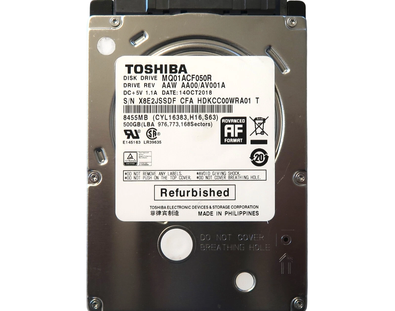 Жесткий диск / Toshiba MQ01ACF050R / Жесткий диск/ HDD Toshiba SATA3 500Gb 2.5" 7200 16Mb OFFICIAL RECERTIFIED 1 year warranty (replacement HDWK105UZSVA, WD5000LPCX)