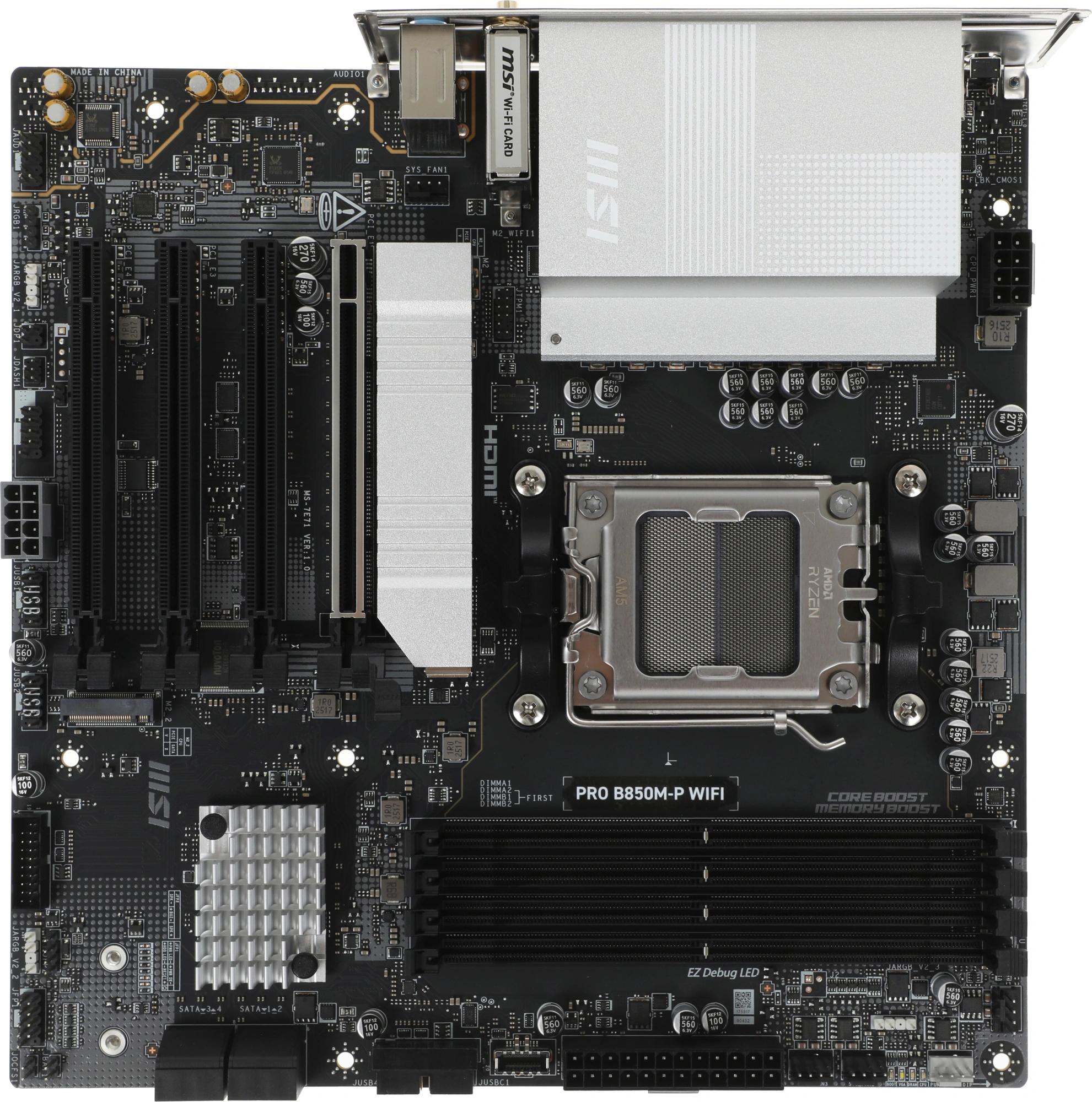 Материнская плата / MSI PRO B850M-P WIFI / Материнская плата MSI PRO B850M-P WIFI B850, AM5, 4DDR5, 4PCIEx16, 3M.2, 3TypeC, 1USB3.2Gen2, 5USB3.2Gen1, 8USB2.0, 4SATA3.0, 5G, HDMI, ATX, RTL