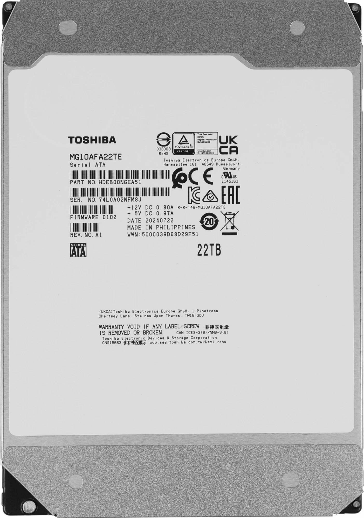 Жесткий диск / Toshiba MG10AFA22TE / Жесткий диск Toshiba SATA-III 22TB MG10AFA22TE Server Enterprise Capacity 512E (7200rpm) 512Mb 3.5"