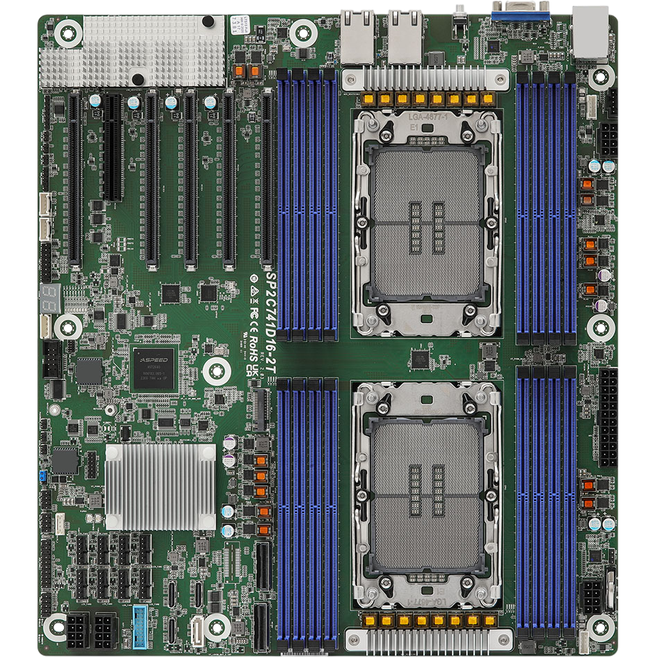 Материнская плата / ASRock 90-SXGCW0-A0UAYF / Материнская плата/ ASRock SP2C741D16-2T, EEB, 2x LGA 4677 5th/4th Gen Intel Xeon Scalable, 16x DDR5 RDIMM/ RDIMM-3DS, 5x PCIe5.0 / CXL1.1 x16, 1x PCIe5.0 x8, 2x MCIO (PCIE5.0 x8), 3x OCuLink (PCIe3.0 x4 or 4 SATA 6Gb/s), 1x M.2 (PCIe5.0 x4), up to 13x SATA 6Gb/s, 2x RJ45 (10GbE) Intel X710-AT2, AST2600