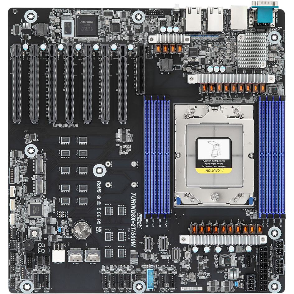 Материнская плата / ASRock 90-SXGF60-A0UAYF / Материнская плата/ ASRock TURIND8X-2T/500W, EEB, 1x SP5 (LGA 6096) AMD EPYC™ 9005/9004, 8x DDR5 RDIMM, RDIMM-3DS, 4x PCIe5.0 / CXL2.0 x16, 3x PCIe5.0 x16, 1x PCIe5.0 x8, 2x MCIO (PCIe5.0 x4 or 4 SATA 6Gb/s), 1x MCIO (PCIe5.0 x4 or 4 SATA 6Gb/s), 1x MCIO (PCIe5.0 x4), 1x M.2 (PCIe5.0 x4 or SATA 6Gb/s), 1x M.2 (PCIe5.0 x4), up to 16 SATA 6Gb/s, 2x RJ45 (10GbE) Broadcom BCM57416, AST2600