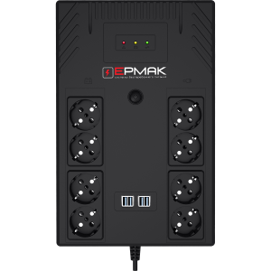 ИБП ЕРМАК ПИЛОТ 1000 Оптима линейно-интерактивный, универсальный, LED светодиоды, 1000ВА/600Вт, 12В 9Ач х 1, Schuko x 8 шт. (4 с АКБ поддержкой), AVR, фильтр RJ-45, 4 x USB порта для зарядки, черный пластиковый корпус, ГШВ(мм) 30920090.5, вес 5.4 кг. / ЕРМАК 220-220.1-32-ВУЛ 1131101 / ИБП ЕРМАК ПИЛОТ 1000 Оптима линейно-интерактивный, универсальный, LED светодиоды, 1000ВА/600Вт, 12В 9Ач х 1, Schuko x 8 шт. (4 с АКБ поддержкой), AVR, фильтр RJ-45, 4 x USB порта для зарядки, черный пластиковый корпус, ГШВ(мм) 30920090.5, вес 5.4 кг.