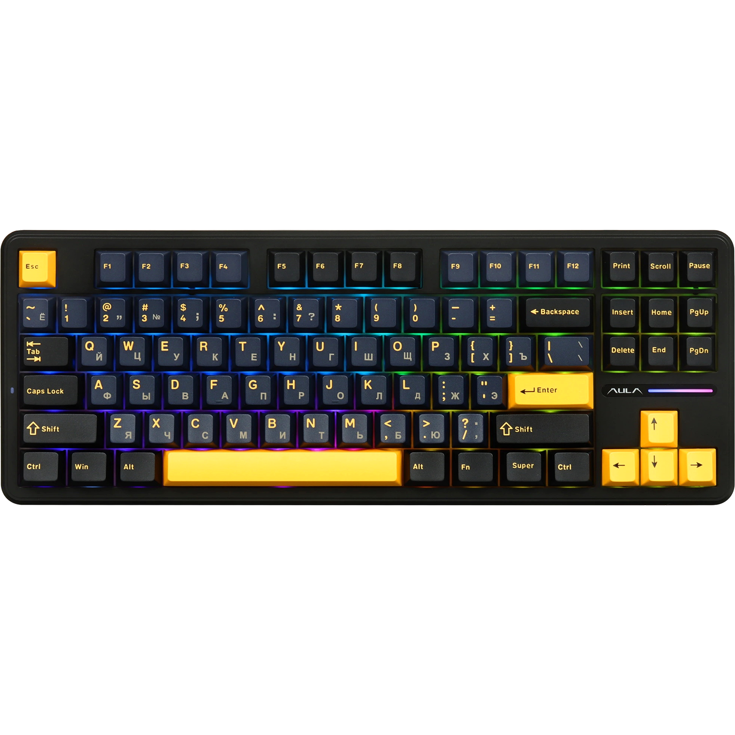 Игровая клавиатура / AULA F87 (6948391208770) / Игровая клавиатура/ Беспроводная механическая клавиатура AULA F87 Чёрно-тёмно-сине-оранжевый 3in1 (BT, 2.4 GHz, Проводн.) Чёрный-Тёмно синий-Оранжевый (Bluetooth, 2.4 Гц)