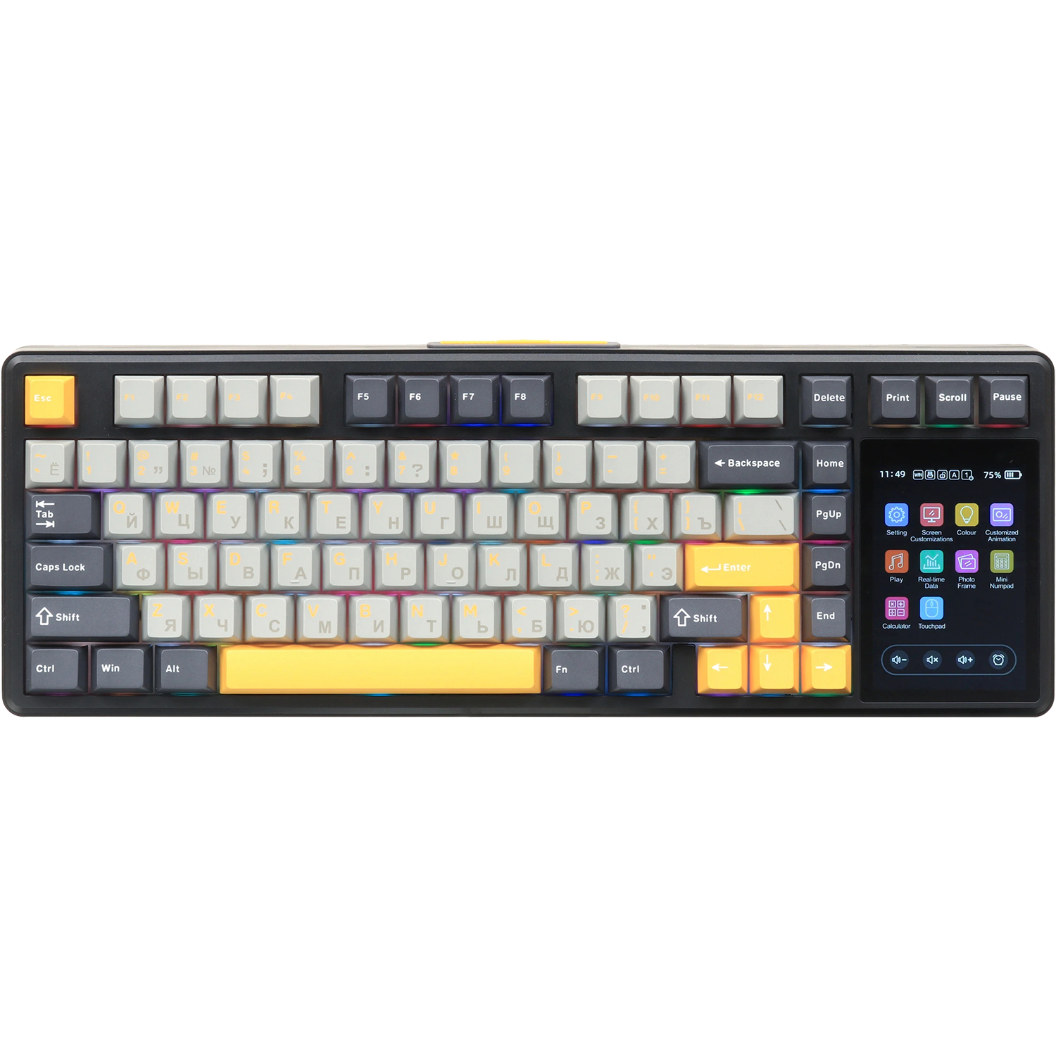 Игровая клавиатура / AULA L99 (6978080503589) / Игровая клавиатура/ Беспроводная механическая клавиатура AULA L99 Чёрно-серо-жёлтый Raindrop свитчи (Bluetooth, 2.4 Гц)