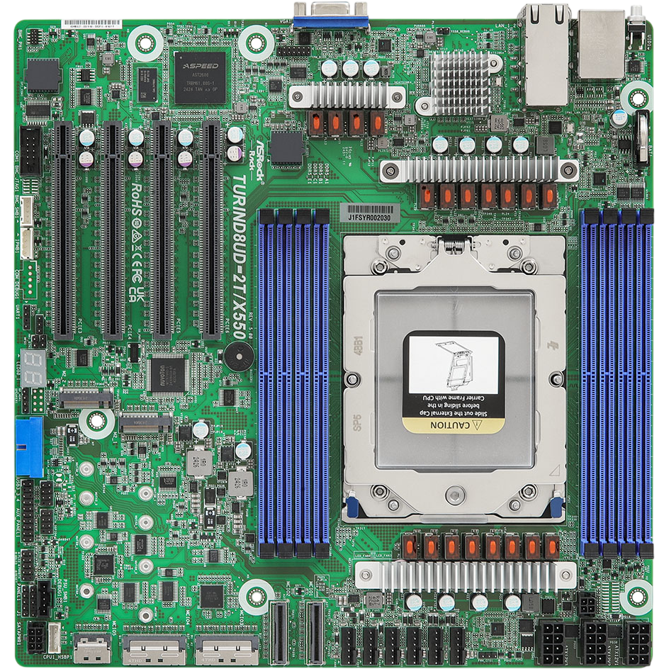 Материнская плата / ASRock 90-SXGF10-A0UAYF / Материнская плата/ ASRock TURIND8UD-2T/X550, Deep Micro-ATX, 1x SP5 (LGA 6096) AMD EPYC™ 9005/9004, 8x DDR5 RDIMM, RDIMM-3DS, 4x PCIe5.0 / CXL2.0 x16, 2x MCIO (PCIe5.0 x8 or 8 SATA 6Gb/s), 2x MCIO (PCIe5.0 x8), 1x MCIO (PCIe5.0 x4), 2x M.2 (PCIe5.0 x4), up to 16 SATA 6Gb/s, 2x RJ45 (10GbE) Intel X550-AT2, AST2600