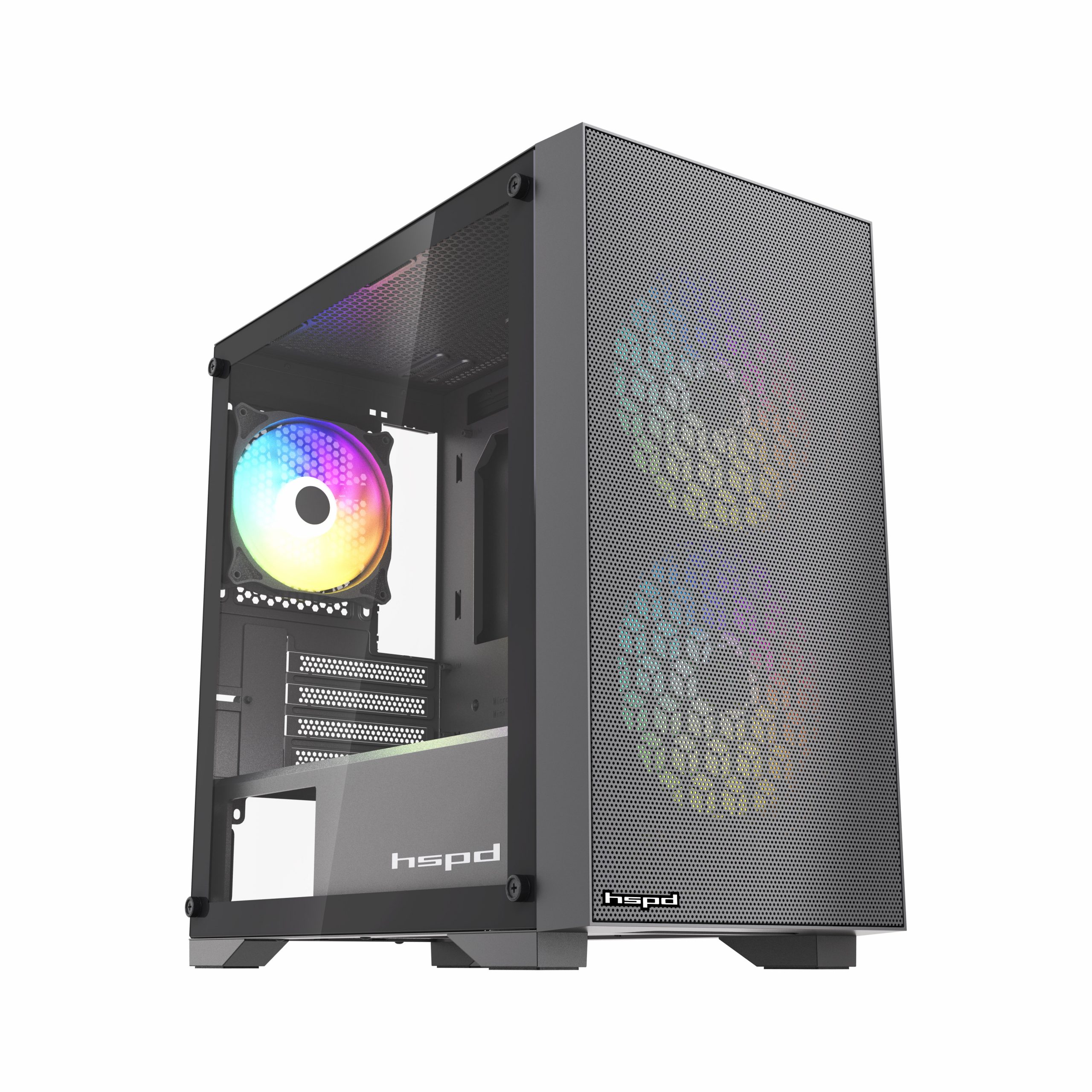 Корпус без блока питания / HSPD M334-TGBK-ARGB / Корпус без блока питания/ Case HSPD M334, Mesh Mini-tower, Black, TG, 0.45 SPCC, 2x140mm ARGB + 1x120mm ARGB mATX, mITX 160/340/184mm 2x2.5", 2x3.5", 4xPCI 1xUSB-A 3.0, 2xUSB-A 2.0 385x200x390mm