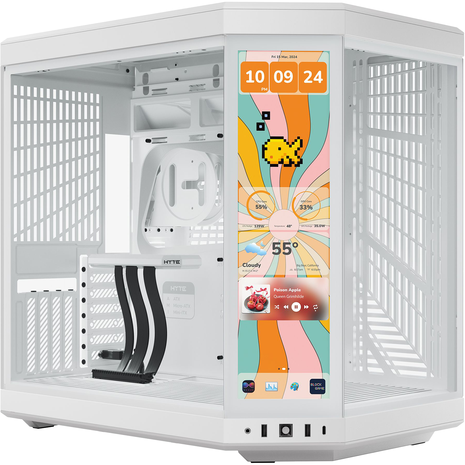 Корпус без блока питания / HYTE Y70 Touch Infinite (CS-HYTE-Y70TTI-WW) / Корпус без блока питания/ Case HYTE Y70 Touch Infinite, Midi-Tower, TG, LCD, no fans, 2xUSB-A 3.2, 1xUSB Type-C, E-ATX, ATX, mATX, mITX White Snow
