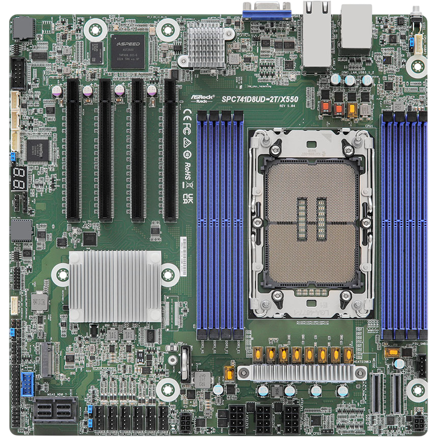 Материнская плата / ASRock 90-SXGBM1-A0UAY2F / Материнская плата/ ASRock SPC741D8UD-2T/X550, Deep Micro-ATX, 1x LGA 4677 5th/4th Gen Intel Xeon Scalable, 8x DDR5 RDIMM/ RDIMM-3DS, 4x PCIe5.0 / CXL1.1 x16, 2x MCIO (PCIE5.0 x8), 1x M.2 (PCIe3.0 x4 or SATA 6Gb/s), up to 9 SATA 6Gb/s, 2x RJ45 (10GbE) Intel X550-AT2, AST2600