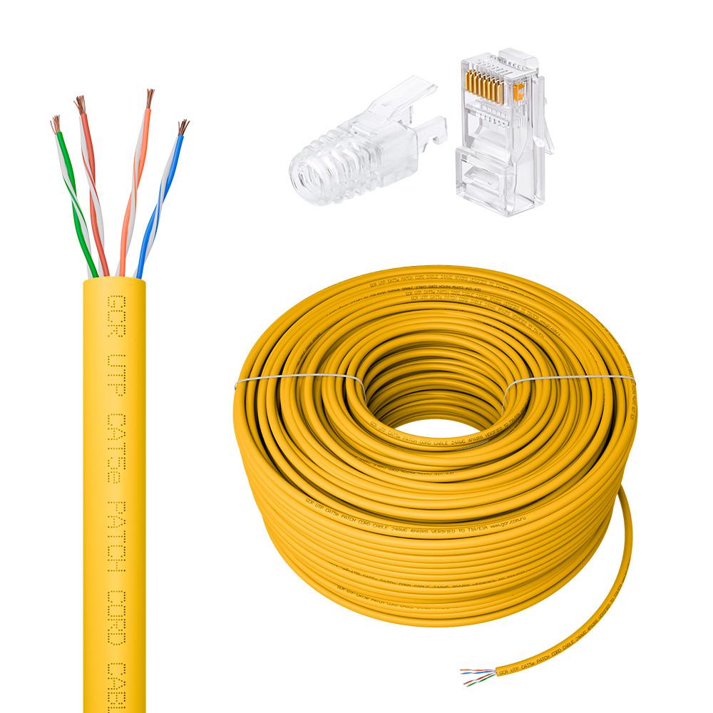 Витая пара / GCR GCR-57433 / GCR PRO Кабель LAN DIY витая пара 100m в бухте, PVC(желтый) UTP кат.5e, CCA многопроволочный + Коннектор RJ-45 8p8c сборный 50шт.