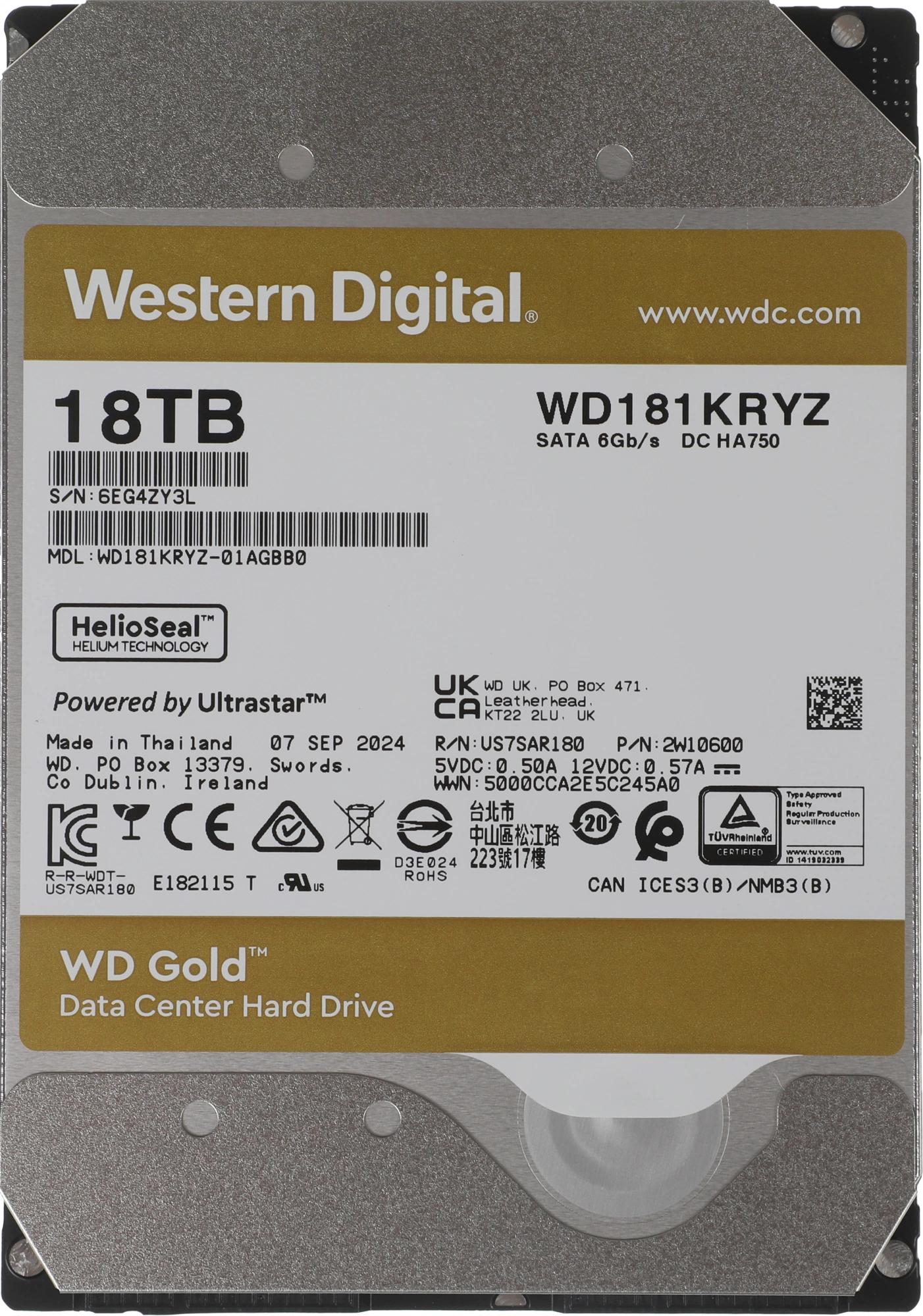 Жесткий диск / WD WD181KRYZ / Жесткий диск WD SATA-III 18TB WD181KRYZ Server Gold 512E (7200rpm) 512Mb 3.5"