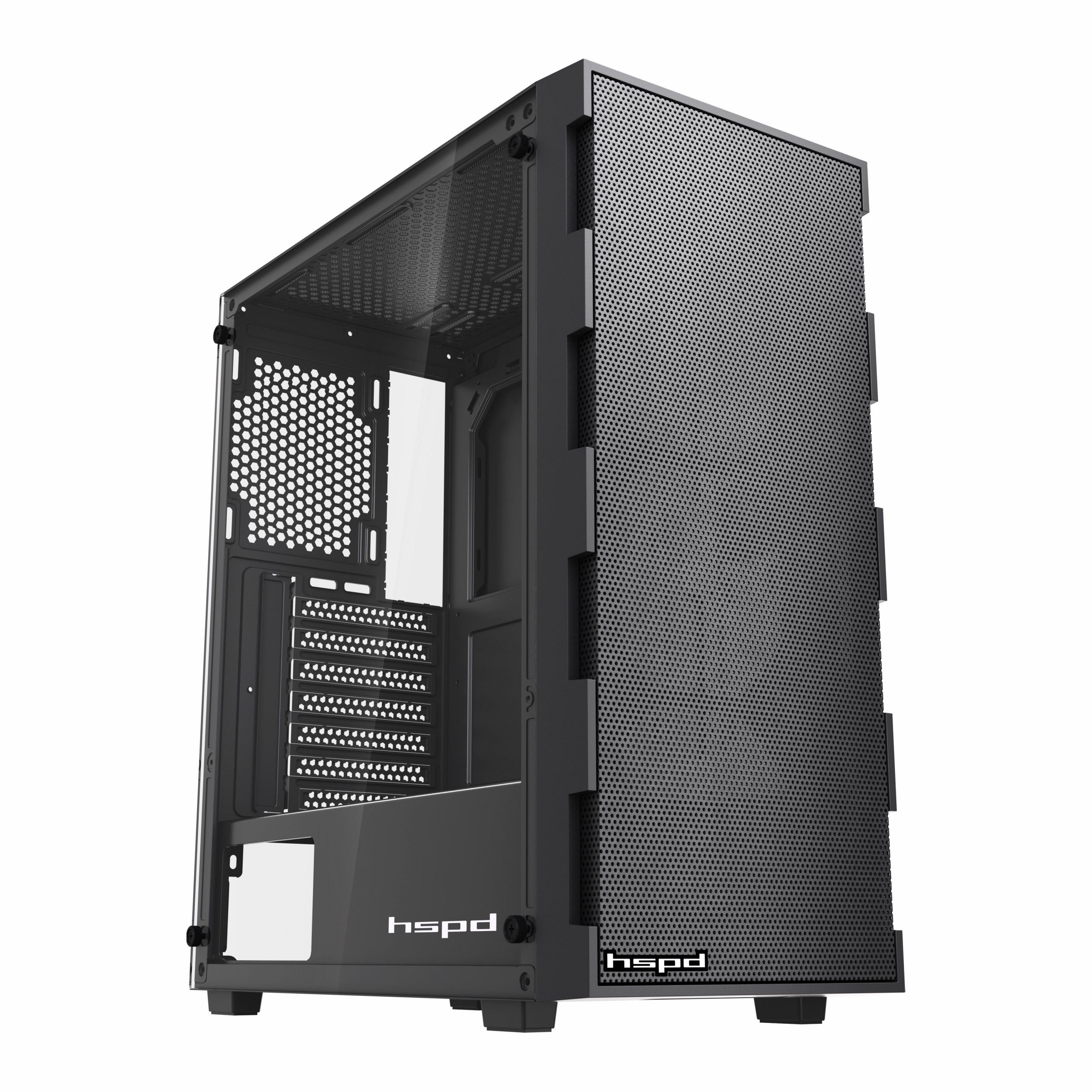 Корпус без блока питания / HSPD M550-TGBK / Корпус без блока питания/ Case HSPD M550, Mesh Mid Tower, Black, TG, 0.45 SPCC, no fans ATX, mATX, mITX 160/340/200mm 2x2.5", 2x3.5", 7xPCI 1xUSB-A 3.0, 2xUSB-A 2.0 395x195x450mm