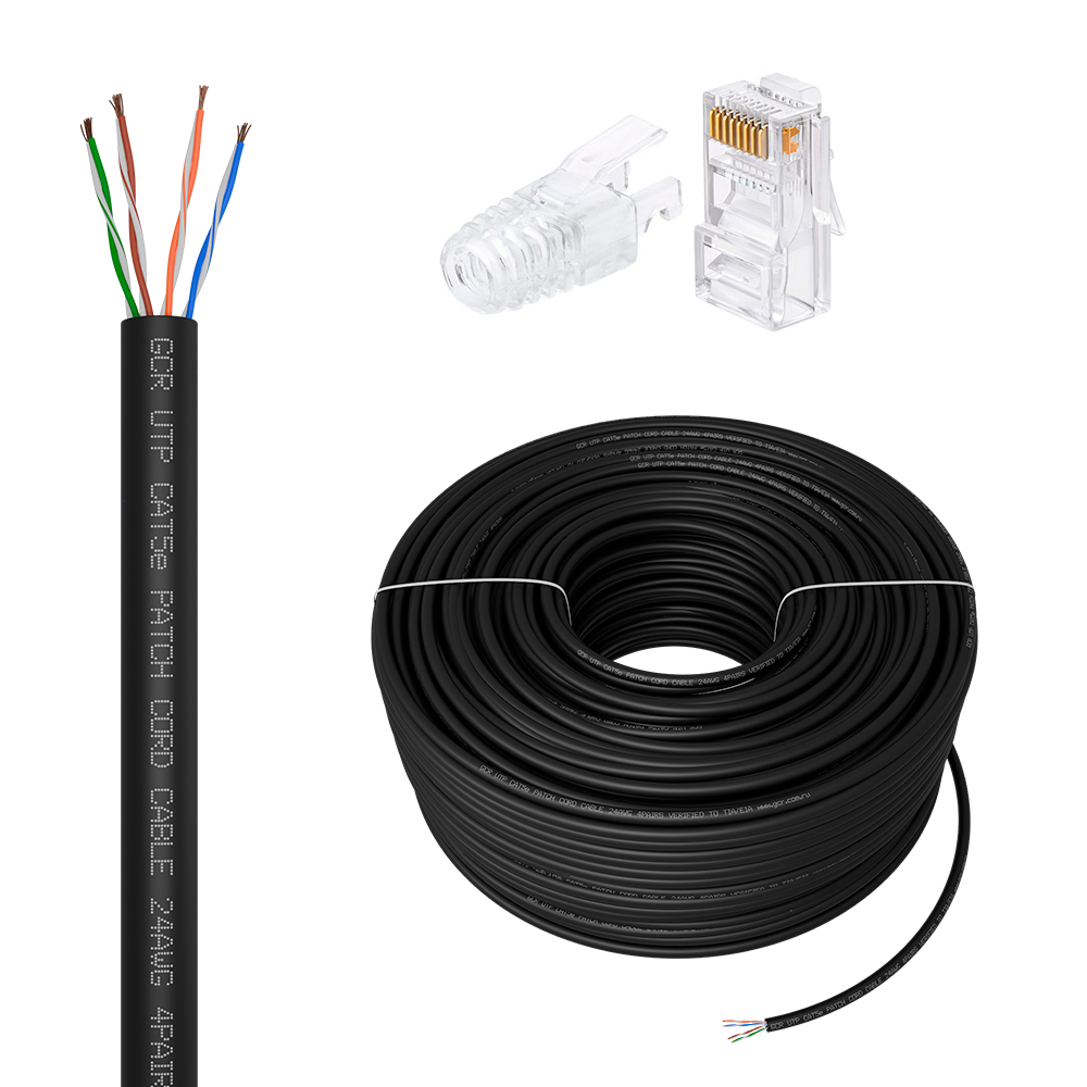 Витая пара / GCR GCR-56971 / GCR PRO Кабель LAN DIY витая пара 100m в бухте, PVC(черный) UTP кат.5e, CCA многопроволочный + Коннектор RJ-45 8p8c сборный 50шт.