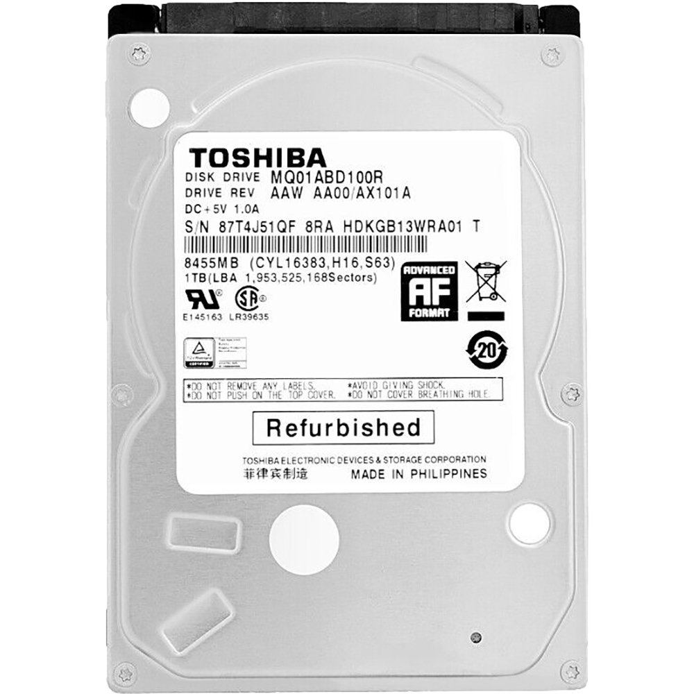 Жесткий диск / Toshiba 1Tb (MQ01ABD100R) / Жесткий диск/ HDD Toshiba SATA 1TB 2.5" 6.0 Gbit/s 5400 rpm 8Mb OFFICIAL RECERTIFIED 1 year warranty (replacement WD10SPZX, MQ04ABF100, ST1000LM048, ST1000LM035, WD10EZRZ, WD10EZEX, ST1000DM003, ST1000DM010, WD10EARZ)