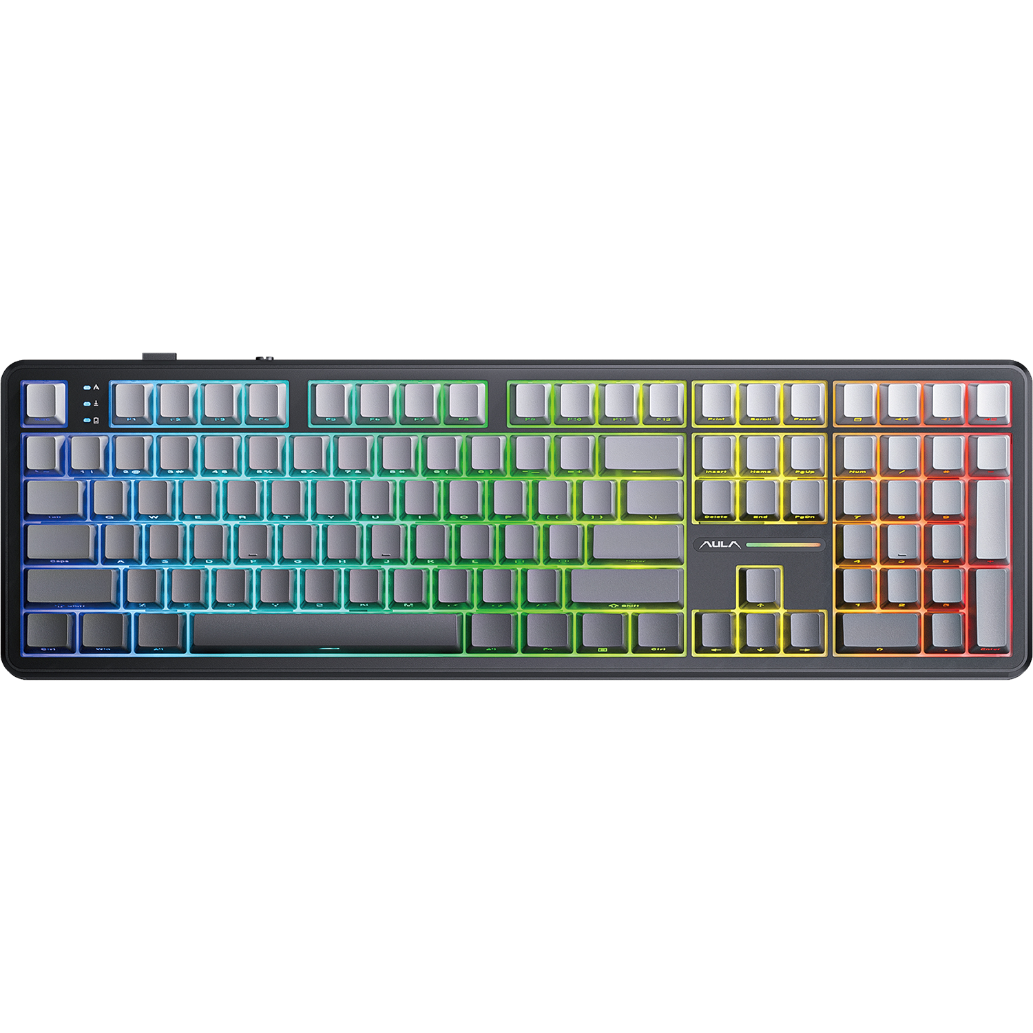 Игровая клавиатура / AULA F108 (6978080502377) / Игровая клавиатура/ Беспроводная механическая клавиатура AULA F108 Серый градиент, символы на бок. грани, зеленые Reaper свитчи, РУС (Bluetooth, 2.4 Гц)