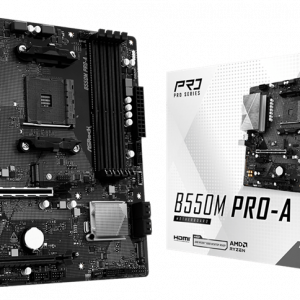 ASROCK B550M PRO-A, AM4, B550, 4*DDR4, 4*SATA, 2*M.2, 5*USB 3.2, 2*USB 2.0, Type-C, 6*PCIx16, 1*PCIx1, 1xM.2 (Key E), HDMI, mATX