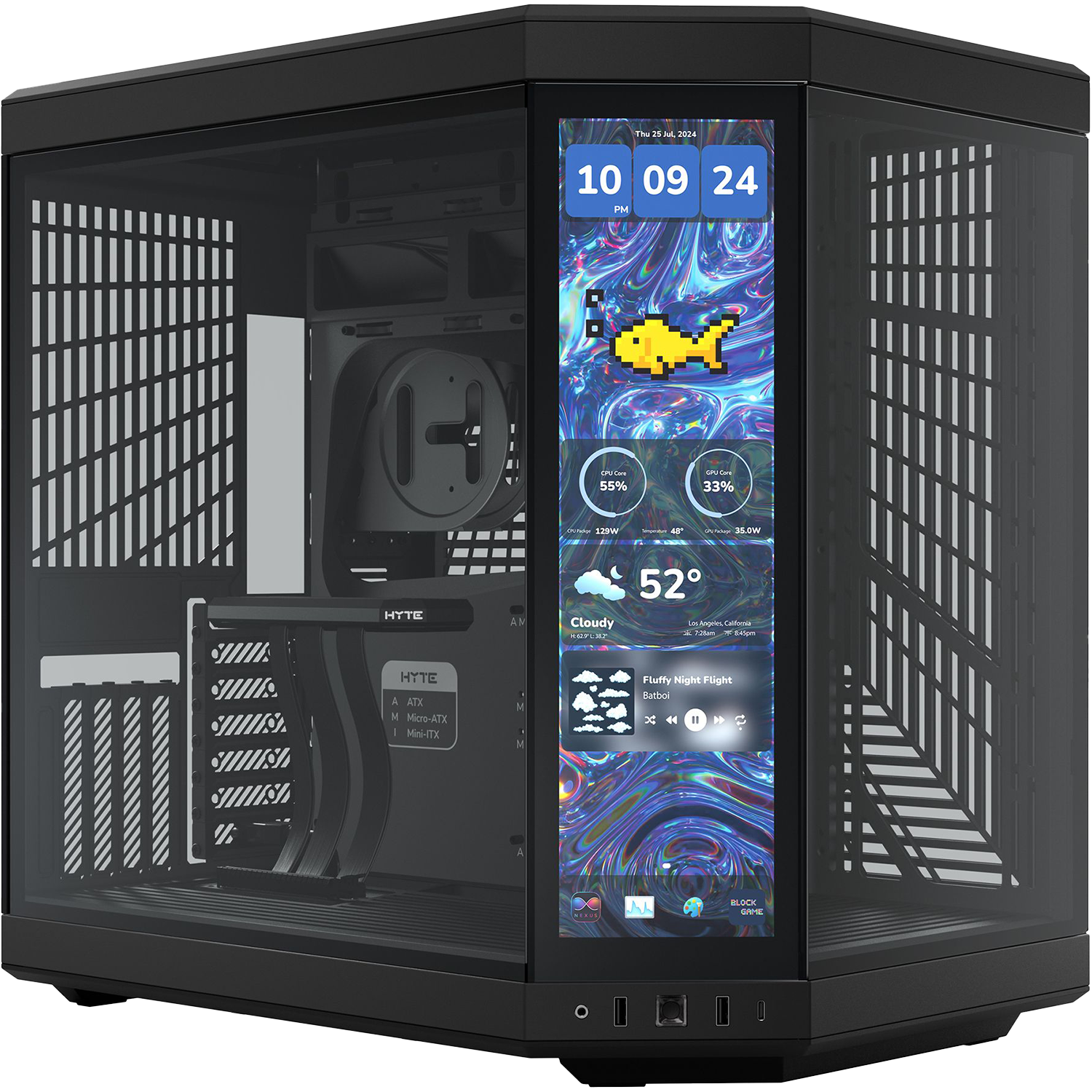 Корпус без блока питания / HYTE Y70 Touch Infinite (CS-HYTE-Y70TTI-BB) / Корпус без блока питания/ Case HYTE Y70 Touch Infinite, Midi-Tower, TG, LCD, no fans, 2xUSB-A 3.2, 1xUSB Type-C, E-ATX, ATX, mATX, mITX Black