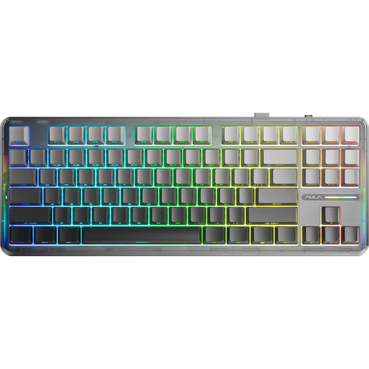 Игровая клавиатура / AULA F87 (6978080502353) / Игровая клавиатура/ Беспроводная механическая клавиатура AULA F87 Серый градиент 3in1 Gradient Серый, символы на бок. грани, зеленые Reaper свитчи, РУС (Bluetooth, 2.4 Гц)