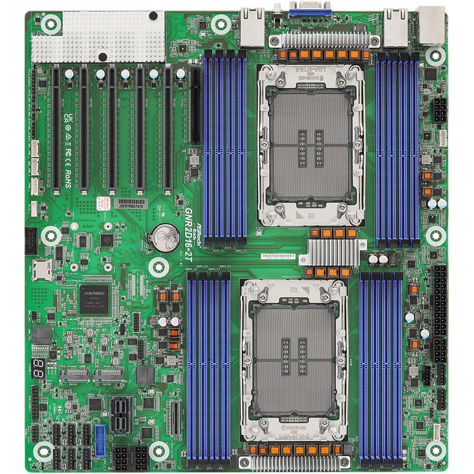 Материнская плата / ASRock 90-SXGDX0-A0UAYF / Материнская плата/ ASRock GNR2D16-2T, EEB like, 2x LGA 4710 Intel Xeon 6700P-series/ 6500P-series/ 6700E-series, 16x DDR5 RDIMM, MRDIMM, 5x PCIe5.0 / CXL2.0 x16, 1x PCIe5.0 / CXL2.0 x8, 1x MCIO (PCIe5.0 / CXL2.0 x8), 2x M.2 (PCIe5.0 x2), up to 8 SATA 6Gb/s, 2x RJ45 (10GbE) Intel X710-AT2, AST2600