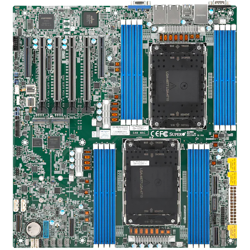 Системная плата / Supermicro MBD-X14DBI-B_bundle1 / Системная плата/ MB Supermicro X14DBI, E-ATX, 2x LGA-4710 (Intel Xeon 6700/6500 with P-cores/6700 with E-cores), 16x DDR5 ECC RDIMM 6400MT/s, 4x PCIe 5.0 x16, 2x PCIe 5.0 x8, 3x PCIe 5.0 x8 via MCIO, 2x M.2 PCIe 5.0 x4 slots (M-key 2280/22110), 10x SATA3, 1x dual 1GBase-T LAN (Broadcom BCM5720), AST2600