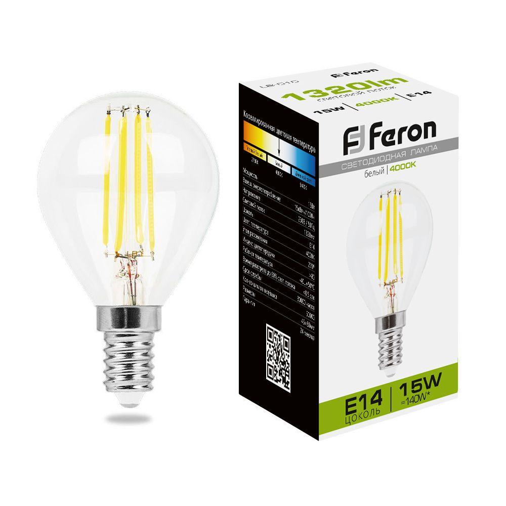 Лампа светодиодная / FERON 38250 / Лампа светодиодная/ Лампа светодиодная LED 15вт Е14 белый шар FILAMENT