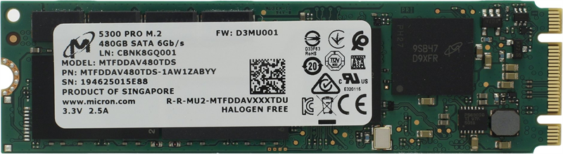 Micron 5300PRO 480GB SATA M.2(22x80mm) 3D TLC R540/W410MB/s MTTF 3М 85000/36000 IOPS 1324TBW SSD Enterprise Solid State Drive, 1 year, OEM