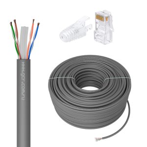 Кабель / GCR GCR-56977 / GCR PRO Кабель LAN DIY витая пара 100m в бухте, LSZH(серый) UTP кат.6А, CCA многопроволочный + Коннектор RJ-45 8p8c сборный 50шт.