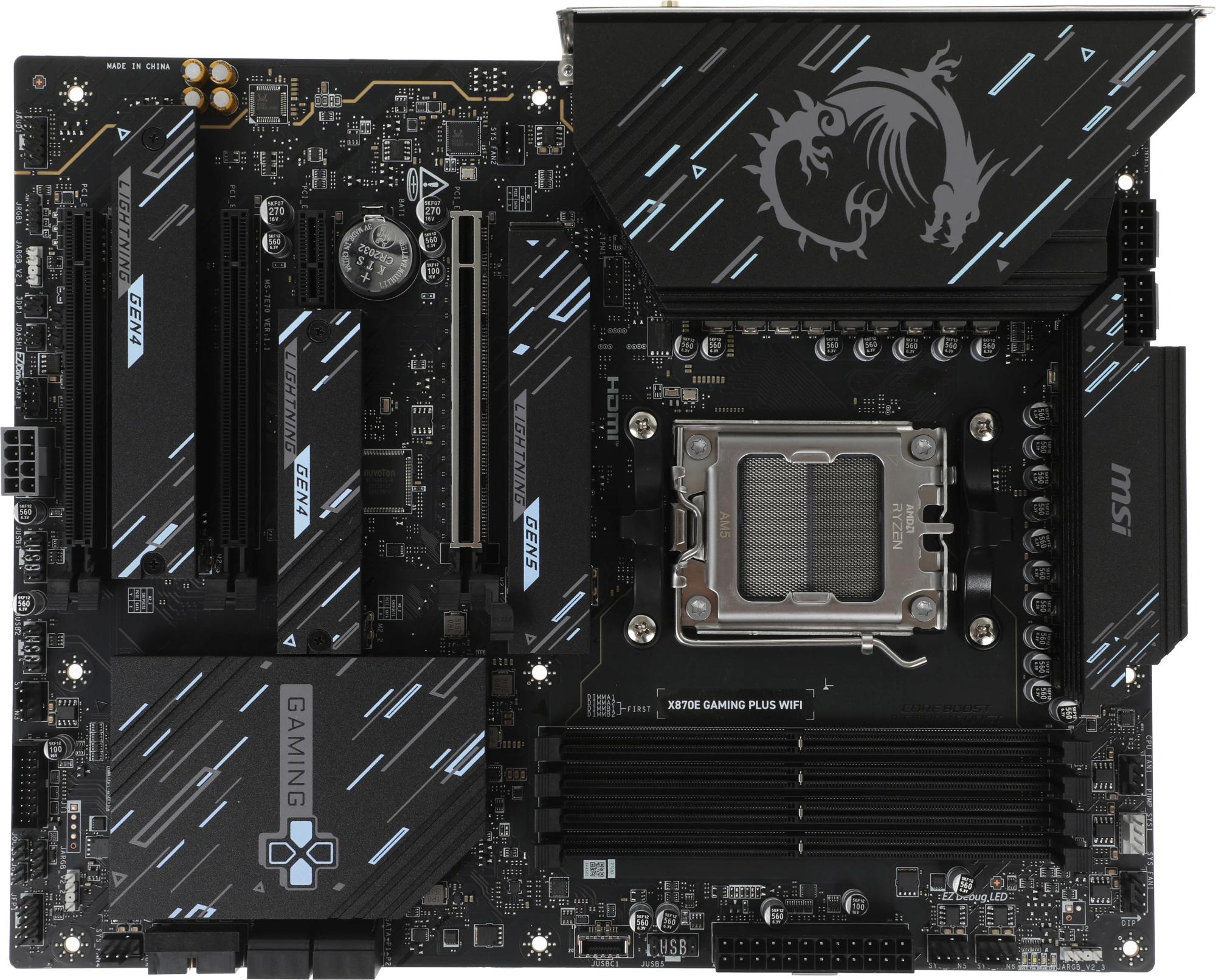 Материнская плата / MSI X870E GAMING PLUS WIFI / Материнская плата MSI X870E GAMING PLUS WIFI X870E, AM5, 4DDR5, 3PCIEx16, 1PCIEx1, 3M.2, 2TypeC, 2USB3.2Gen2, 6USB3.2Gen1, 10USB2.0, 4SATA3.0, 5G, 1Type-C(DP), HDMI, ATX, RTL
